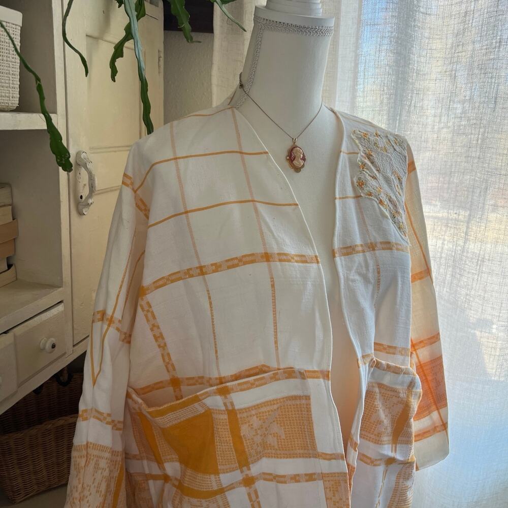Vintage antique linen table cloth upcycled lightweight blazer cardigan large - Picture 4 of 5